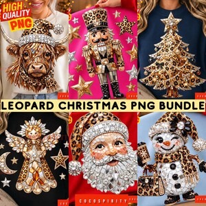 Leopard Christmas PNG Bundle: Rhinestone Santa, Christmas Tree, Snowman, Angel, Nutcracker, Boujee Cow, Sparkle Holiday Sublimation Design