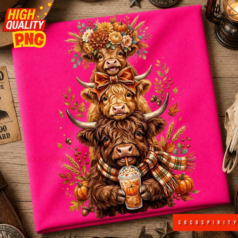 May include: A bright pink fabric featuring a vertical stack of three brown Highland cows. The top cow wears a floral crown, the middle cow has a large bow, and the bottom cow wears a plaid scarf while holding a pumpkin spice latte cup.