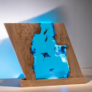 Mother‘s Day Gift Manta Ray-Scuba Diver Epoxy Resin Night Light, Diving Personalised Handmade Wooden Light, Unique Home Decor Gifts