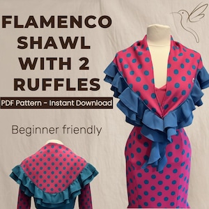 May include: A pink flamenco shawl with blue polka dots and two ruffled edges is displayed on a mannequin. The shawl is paired with a matching pink dress with blue polka dots. The text on the image reads "FLAMENCO SHAWL WITH 2 RUFFLES" and "PDF Pattern - Instant Download".
