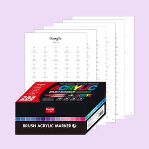 Peut inclure: Une boîte noire de 288 marqueurs acryliques à pinceau avec un nuancier. La boîte porte les inscriptions "ACRYLIC BRUSH MARKER" et "288 COLORS PCS". Le nuancier est blanc avec des échantillons de couleurs.