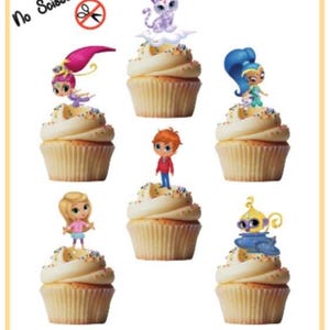 Décorations comestibles pour cupcakes Shimmer and Shine - lot de 24 décorations prédécoupées, robustes, comestibles, carte de gaufrettes, divers modèles