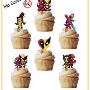Décorations pour cupcakes comestibles Deadpool & Wolverine - lot de 24 décorations prédécoupées, robustes, comestibles, carte de gaufrettes, divers modèles