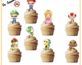 マリオブラザーズのスタンドアップ食べられるカップケーキトッパー - 24個入りパック