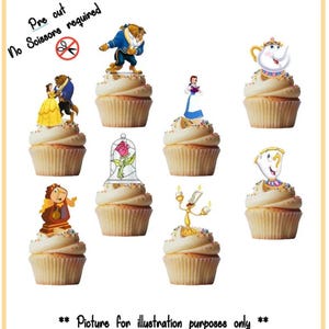Décorations comestibles pour cupcakes La Belle et la Bête - lot de 24 décorations prédécoupées, robustes, comestibles, carte de gaufrettes, divers modèles