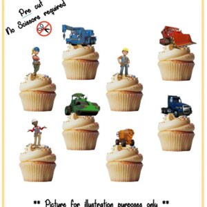 May include: A set of 8 pre-cut edible cupcake toppers featuring characters and vehicles from the children's TV show, Bob the Builder. The toppers include Bob the Builder, Scoop, Dizzy, Muck, and a cement mixer. The text "No Scissors required" is visible in the image.