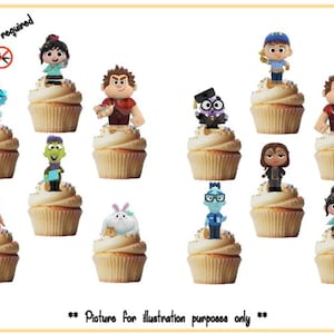 May include: Twelve cupcake toppers featuring characters from the animated films "Inside Out" and "Wreck-It Ralph". The toppers are printed on edible paper and are ready to be placed on cupcakes.  The characters include Joy, Sadness, Anger, Disgust, Fear, Ralph, Vanellope, and Fix-It Felix Jr.