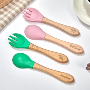 Personalized Engraved Wooden And Silicone Weaning Spoon,Custom Name Weaning Set,Ideal Gift For Toddlers&#39; First Meals,Toddler Spoon And Fork