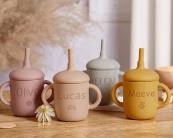 Personalisierte Kleinkindtasse, benutzerdefinierte auslaufsichere Baby-Trainingstasse mit Strohhalm, Silikon-Babytasse mit Namen, Silikontasse mit Strohhalm, Geschenk zum 1