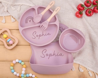 Cartoon Weaning Set for Toddler Baby Kids,Baby Plate Set with Name,Baby Feeding Set,Engraved Silicone Baby Weaning Set,Kids Eating Gift