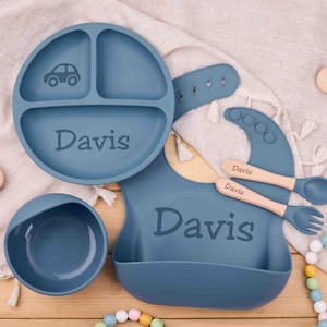 Personalised Silicone Weaning Set,Baby Shower Gifts,Feeding Set with Name,Kids Silicone Plate,Personalized Baby Essentials,New Mom Gift