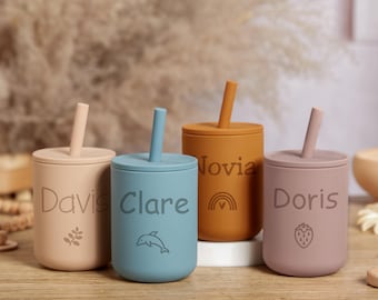 Copo de treinamento infantil personalizado com gravação, à prova de derramamento, copo de silicone com canudo, copo de transição para bebês, presente de 1º aniversário, presente de chá de bebê
