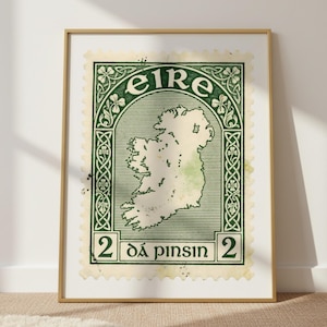 Vintage Ireland Art Print, Irish Stamp Poster, Map of Ireland, Travel Poster, Gift for Traveller, Gaelic Prints, Celtic Ireland Wall Art