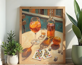 Cocktails Dice & Cards Poster, Retro Bar Print, Aperol Poster, Gambling Table, Retro Wall Decor, Still Life Print, Vintage Bar Decor
