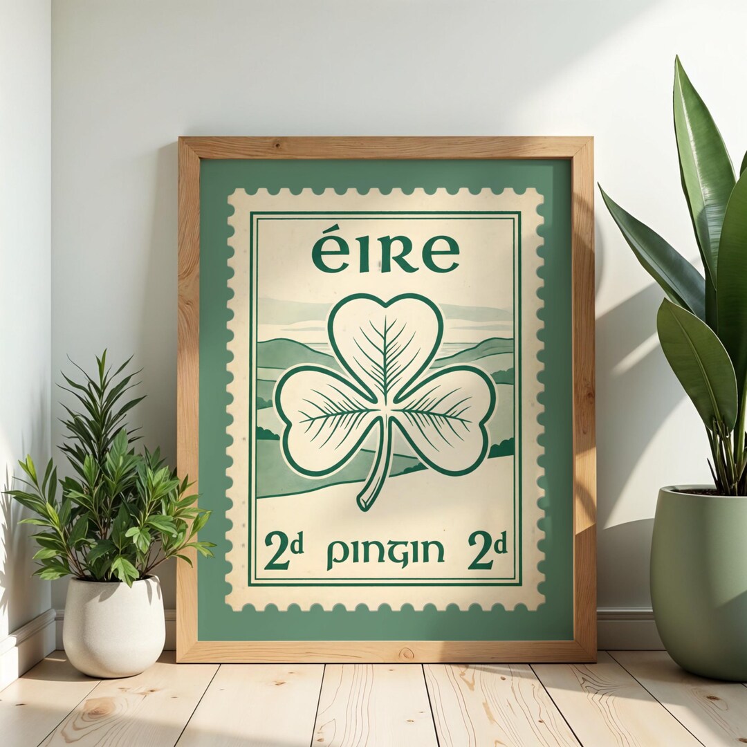 Vintage Ireland Stamp Art Print – Shamrock Irish Wall Decor – Gaelic ...