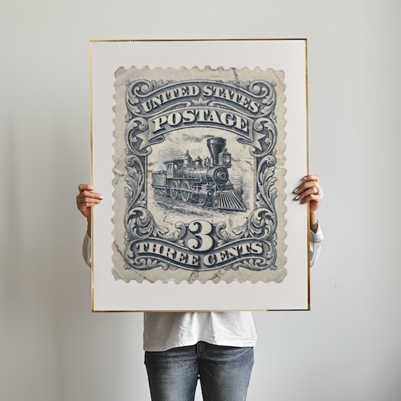 USA Stamp Print – Vintage Train Wall Art – Retro Travel Poster
