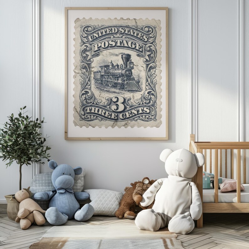 May include: Framed vintage United States postage stamp print featuring a detailed illustration of a steam train. The stamp is in shades of blue and white, with the text "United States Postage" and "Three Cents". The print is in a wooden frame.