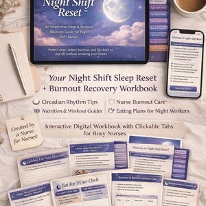 Könnte beinhalten: Ein interaktives digitales Arbeitsbuch für Nachtschwestern, mit einem Tablet, das "Night Shift Reset" und ein Mondbild zeigt. Enthält ein Smartphone, eine Kaffeetasse und mehrere Arbeitsbuchseiten. Das Arbeitsbuch konzentriert sich auf Schlaf, Burnout-Erholung und Selbstpflege.