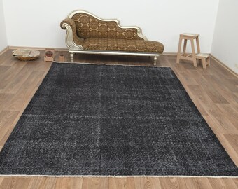 Schwarzer Oushak Teppich 200x300, Vintage Türkischer Teppich, Handgefertigter Neutraler Teppich, 200x300, Schwarzer Vintage Oushak Teppich, S-3103