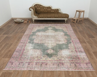 Alfombra de 6x10, alfombra de área de 6x10, alfombra vintage de 6x10, alfombra turca de 6x10, alfombra hecha a mano, alfombra de sala de estar, alfombra descolorida, alfombra de regalo, alfombra Oushak, alfombra turca, S-2604