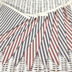 Red Ticking and Navy Ticking Fabric Banner/Red and Navy Blue Fabric Banner Bunting Garland/Summer Fabric Banner/ Patriotic Fabric Banner BBQ