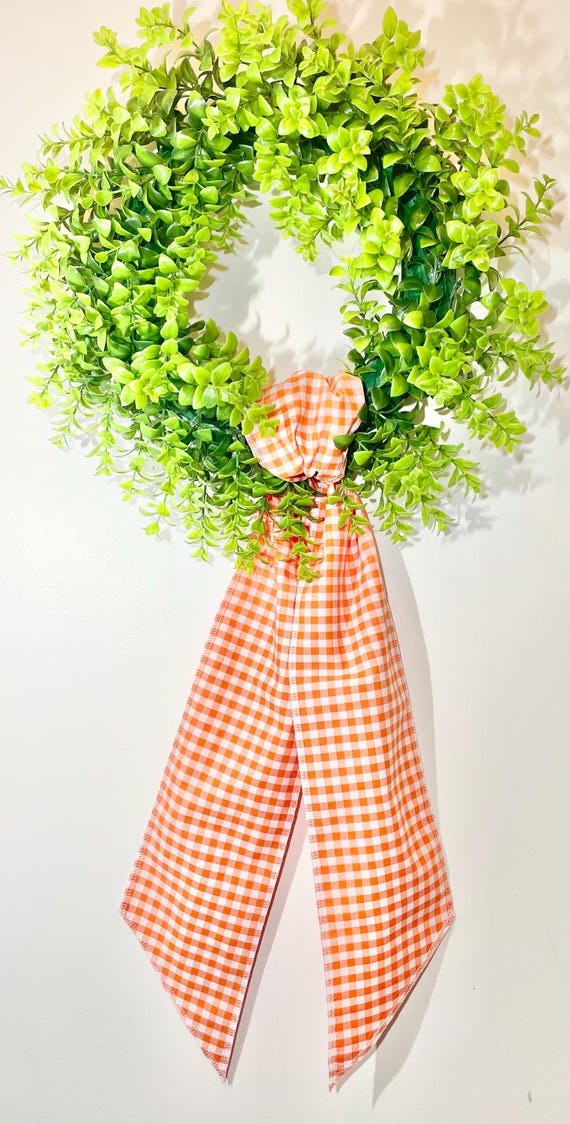 Fall Wreath Sash/Fall Wreath Decor/Orange Gingham Wreath Sash/Pumpkin Wreath/Orange Wreath Sash/Thanksgiving/Boxwood Wreath Fabric Sash/Sash