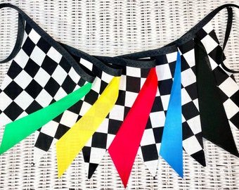 Racing Fabric Banner/Racing Fabric Garland/Black and White Fabric Banner/Race Car Fabric Banner/Race Car Highchair Banner/Race Car Banner