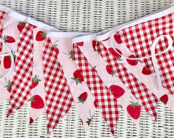 Strawberry Fabric Banner/Strawberry Farmers Market Fabric Banner/Strawberry Red Gingham Fabric Banner/Strawberry Bunting/Strawberry Garland