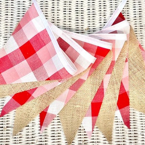 Red and White Gingham Burlap Fabric Banner/Burlap Fabric Banner/Red and White Gingham Fabric Garland Banner/Farm Cow Theme Fabric Banner/