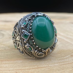 Oval Green Agate Silver Ring, Large Men Silver Ring, Natural Green Agate Ring, Handmade Silver Ring, 925 Sterling Silver, Gift For Him