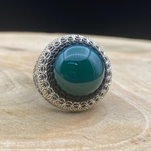 Round Silver Ring, Green Agate Silver Ring, Handmade Silver Ring, Turkish Handmade Silver Ring, 925 Sterling Silver, Gift For Him