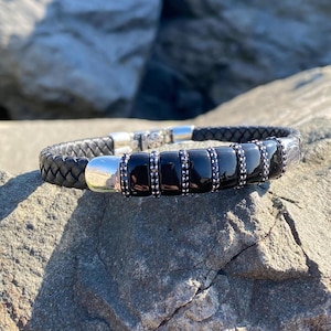 Men Leather Bracelet , Silver Natural Onyx Stone Bracelet  Unique Anniversary  Vintage Bracelet , 925 Sterling Silver, Gift For Him