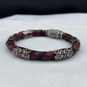 Handmade Leather Bracelet, Ruby Leather&Silver Men Bracelet, 925 Sterling Silver, Oxidized Silver Bracelet, Gift For Him, Birthday Gift