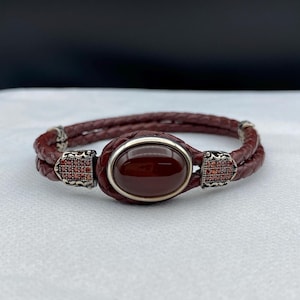 Red Agate Leather Bracelet: Handmade 925 Sterling Silver Clasp