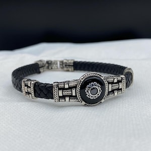 Handmade Leather Bracelet , Black Onyx Stone Bracelet, Vintage Leather Bracelet, 925 Sterling Silver Leather Bracelet, Anniversary Gift