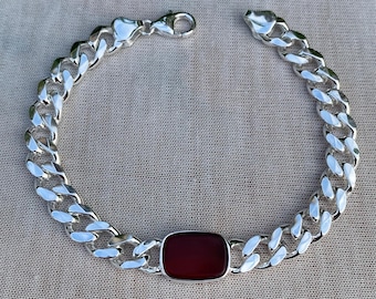 Red Agate,  Cuban Chain Bracelet, 925 Sterling Silver Men Bracelet, Handmade Agate Stone Cuban Chain, Handmade Jewelry, Gift For Men