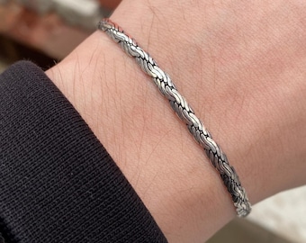 925 Sterling Silver Flat Rope Chain Bracelet for Men, Twisted Link