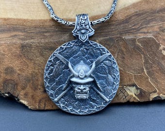 Silver Samurai Necklace, Japanese Warrior Pendant with Katana & Kabuto, Ronin Mask Charm, Bushido Jewelry, Gift for Him, 925 Sterling Silver