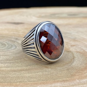 925 Sterling Silver Ruby Men's Ring, Faceted Red Stone Ring, July Birthstone Gift for Him, Handmade Oval Gemstone Jewelry, Silver Ring