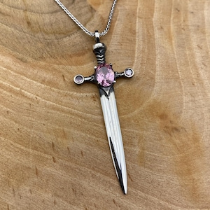 Silver Sword Necklace, Pink Gemstone Sword Pendant, Oxidized Sword Necklace, 925 Sterling Silver, Warrior  Sword Necklace, Unisex Necklace
