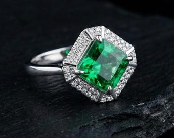 Art Deco Emerald Ring Sterling Silver, Square Green Stone Engagement Ring, Vintage Style Halo Promise Ring, 925 Sterling Silver Gift for Her