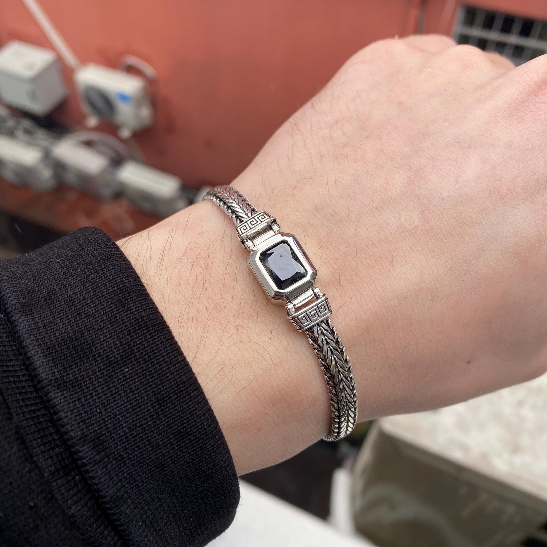 Black Onyx Men's Bracelet, Sterling Silver Foxtail Chain, Greek