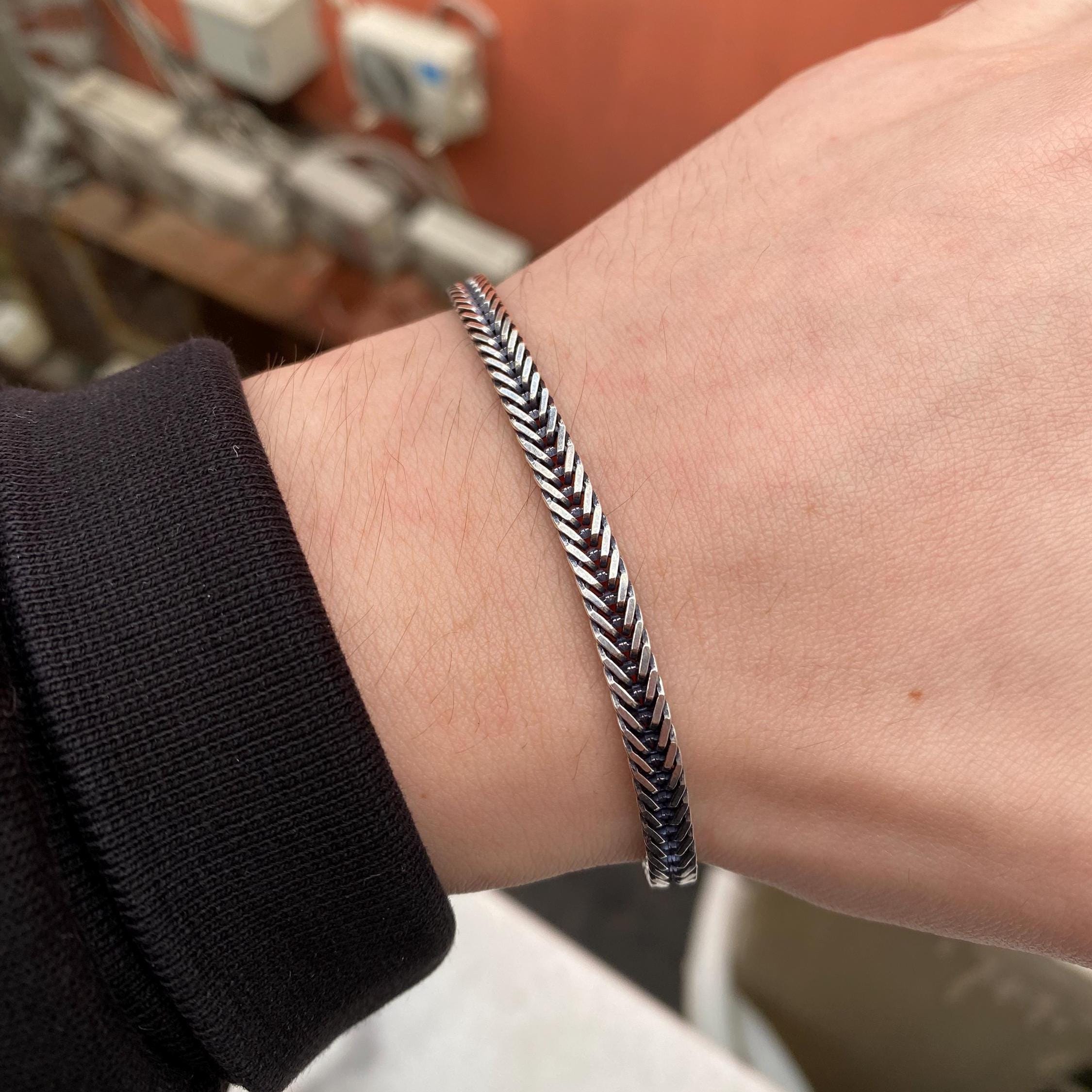 925 Sterling Silver Square Foxtail Bracelet for Men, Franco Chain