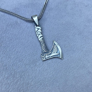 Silver Valkyrie Axe Necklace - Unique Norse Mythology Gift, Eagle Figure Viking Axe Necklace, Handmade Silver Necklace, 925 Sterling Silver