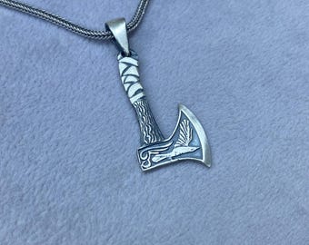 Silver Valkyrie Axe Necklace - Unique Norse Mythology Gift, Eagle Figure Viking Axe Necklace, Handmade Silver Necklace, 925 Sterling Silver