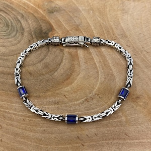 3 MM Silver Sapphire Bracelet, Byzantine Chain with Sapphire Stones, 925 Sterling Silver, Baguette Cut Gemstone, 925 Sterling Silver