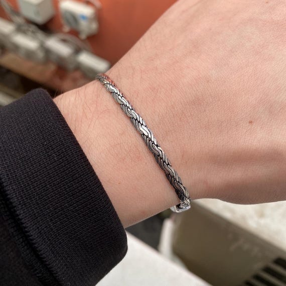925 Sterling Silver Flat Rope Chain Bracelet for Men, Twisted Link
