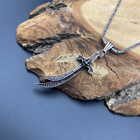 Silver Zulfiqar Necklace, 925 Sterling Silver, Long Sword Men