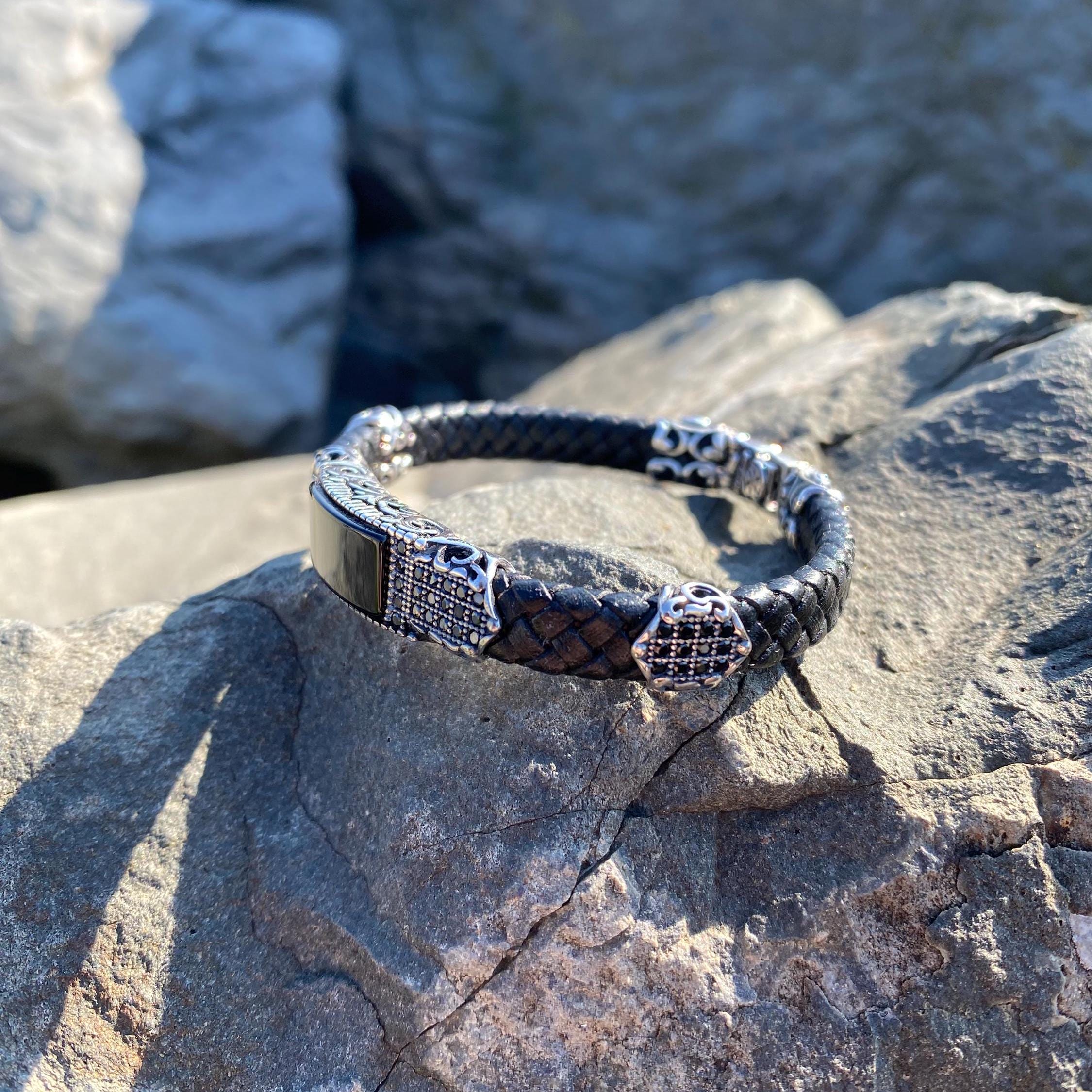 Handmade Leather Bracelet , Black Onyx Stone Bracelet, Vintage