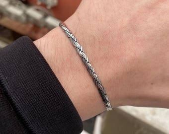 925 Sterling Silver Flat Rope Chain Bracelet for Men, Twisted Link